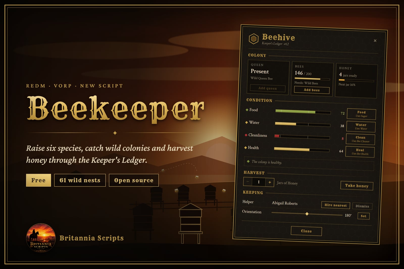 Beekeeper for RedM: a frontier beekeeper with the Keeper's Ledger hive panel